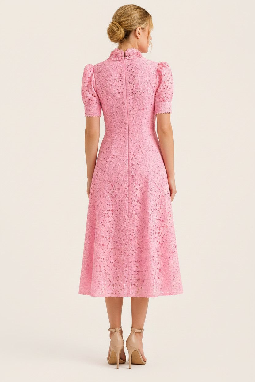 S T Y L E L I B R A R Y Rebecca Vallance pink lace midi dress with high neck and cap sleeves, back view