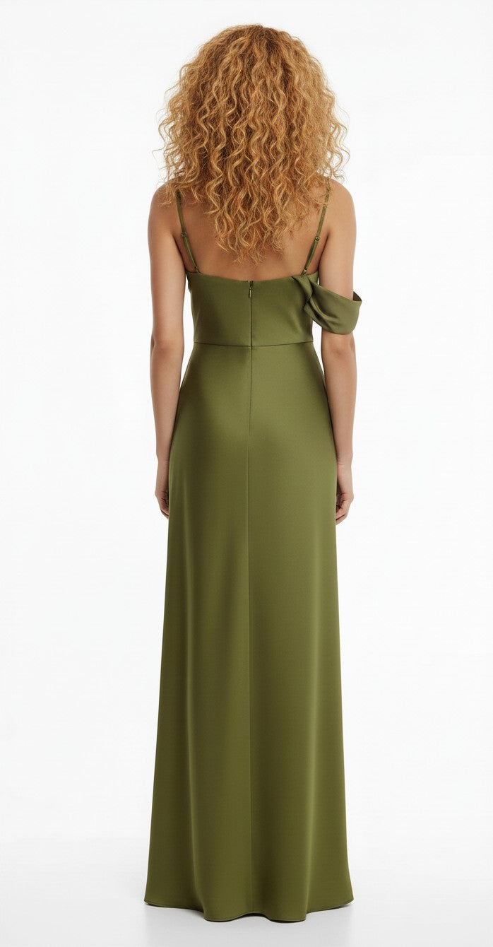 S T Y L E L I B R A R Y Significant Other Devlyn fern green satin maxi dress with adjustable straps, back view
