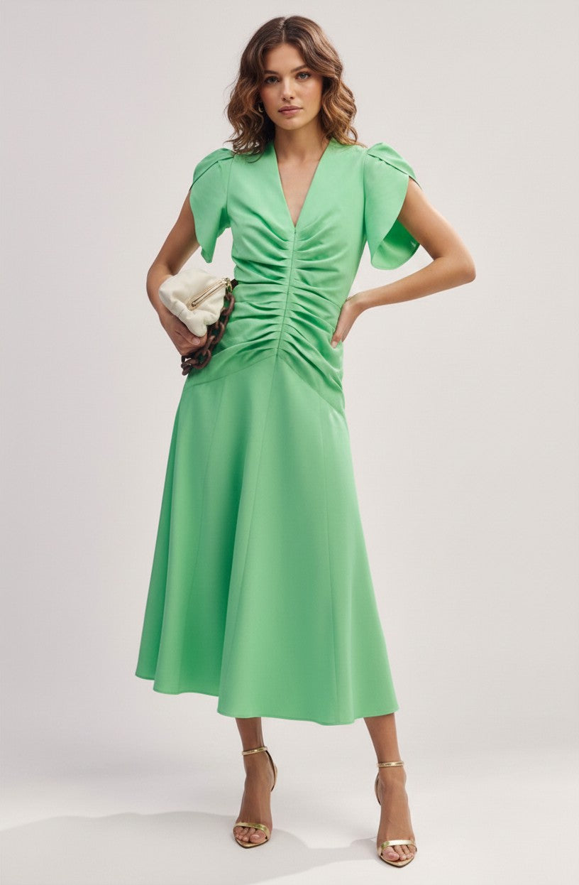Me&EM green linen midi dress with capped sleeves, ruched waist, and A-line skirt.