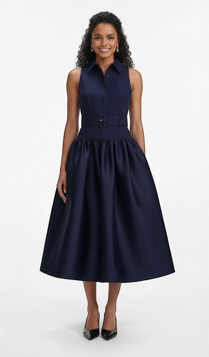  navy sleeveless Self Portrait midi dress in twill with a collared neckline and belted waist.