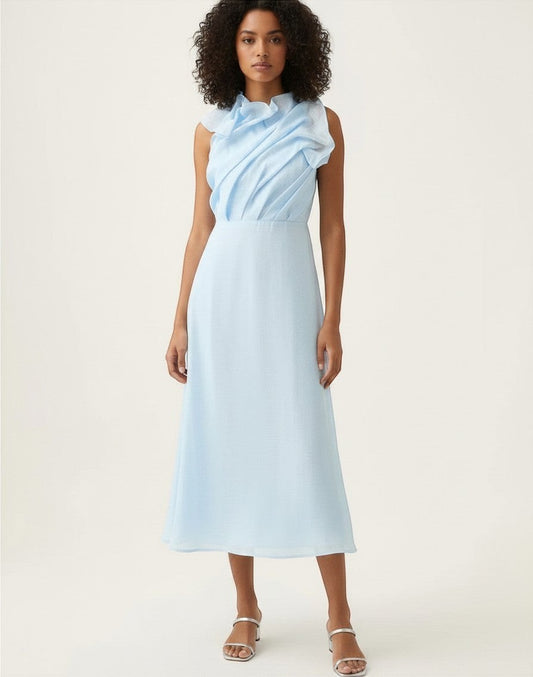 A light blue Aje Genesis midi dress  with ruffled bodice and sleeveless design
