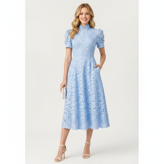 S T Y L E L I B R A R Y blue broderie anglaise midi dress with floral trim neckline and short puffed sleeves