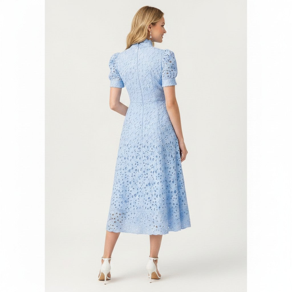 S T Y L E L I B R A R Y blue broderie anglaise midi dress with short sleeves and floral trim, back view