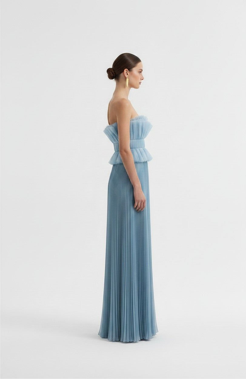 S T Y L E L I B R A R Y L'IDEE strapless blue maxi gown with intricate pleats and a sculpted corseted bodice