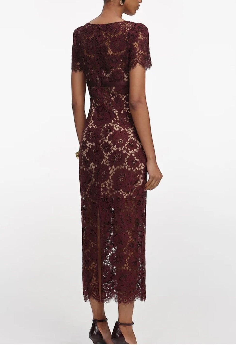 S T Y L E L I B R A R Y burgundy floral lace midi dress with short sleeves and back slit, worn by a model.
