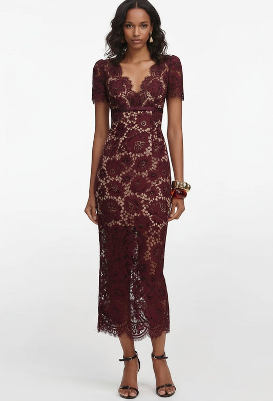 S T Y L E L I B R A R Y burgundy floral lace midi dress with a V-neckline worn by a model on a white background.