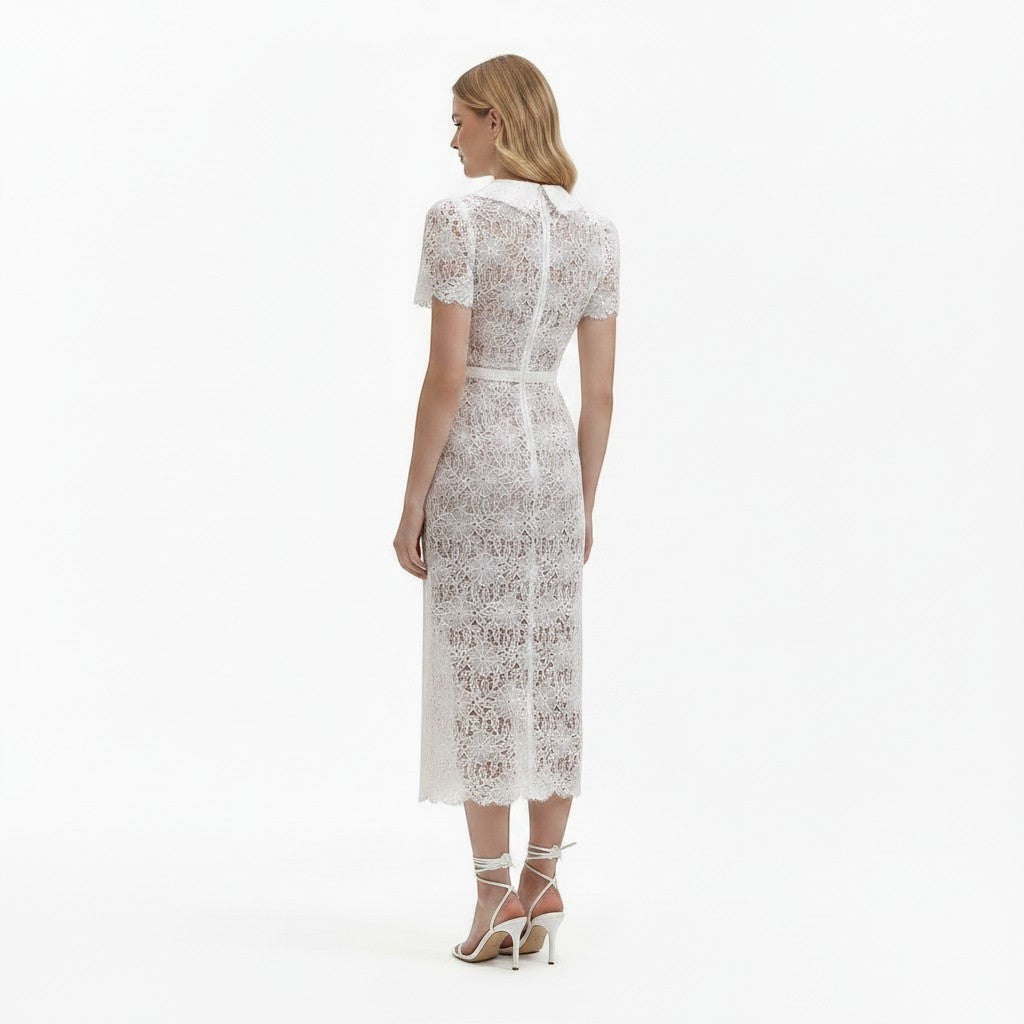 S T Y L E L I B R A R Y cream lace midi dress with collar and belted waist, back view on a model