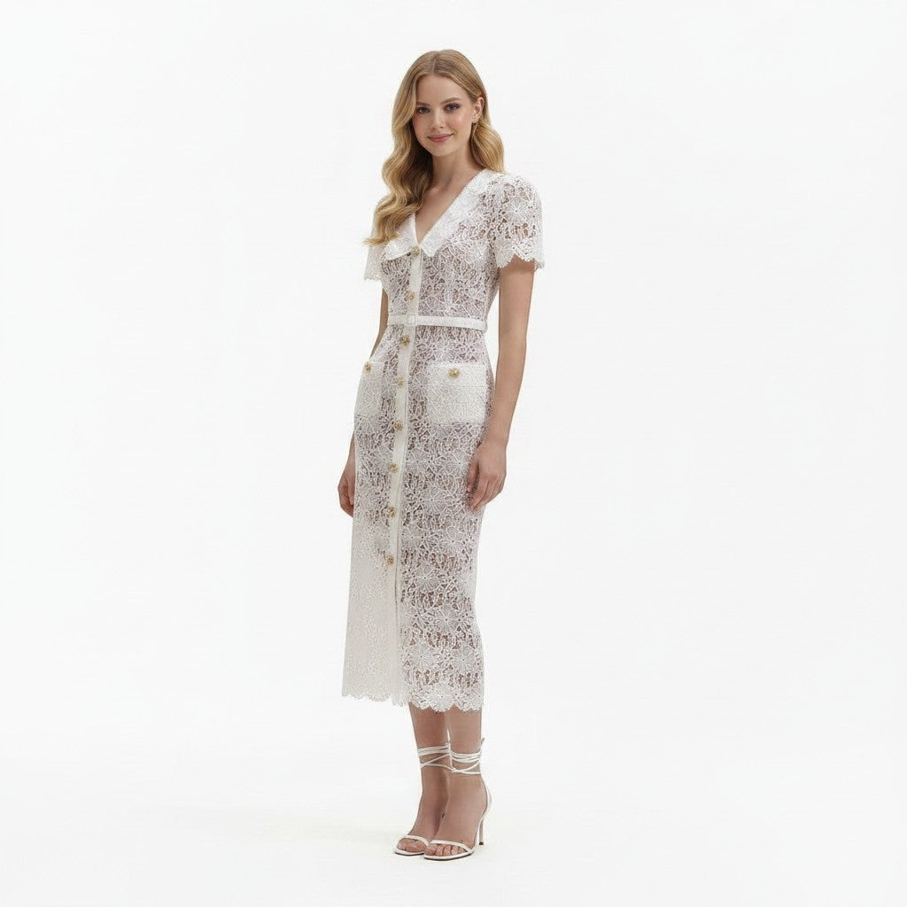 S T Y L E L I B R A R Y cream lace midi dress with collar, matching belt, and gold jewel buttons on a model.