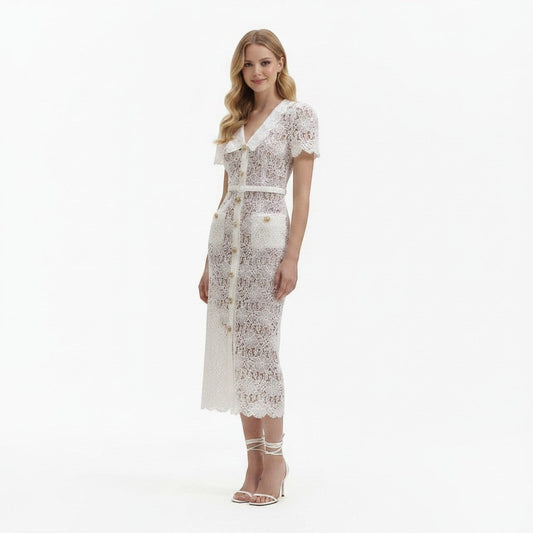 S T Y L E L I B R A R Y cream lace midi dress with collar, matching belt, and gold jewel buttons on a model.