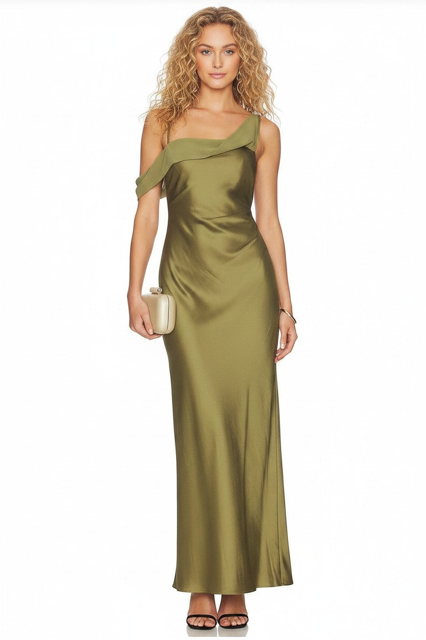 S T Y L E L I B R A R Y Significant Other Devlyn fern green satin maxi dress with off-shoulder detail