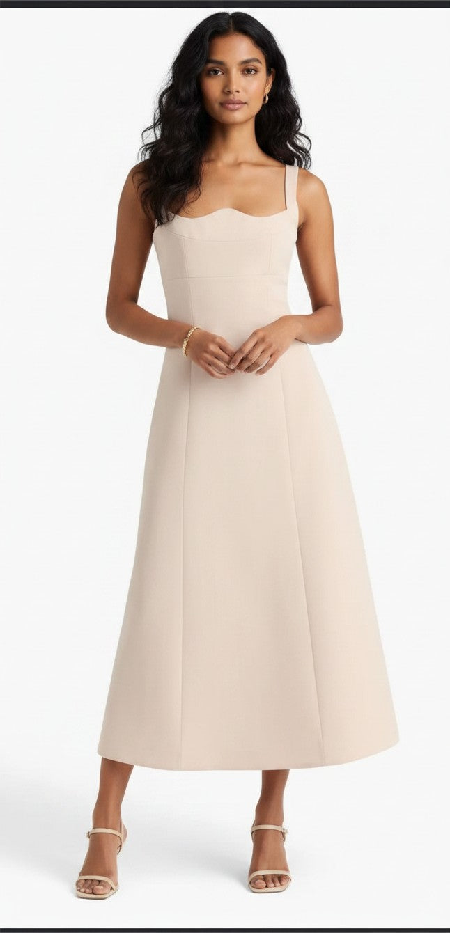 S T Y L E L I B R A R Y Leo Lin Odette midi dress in champagne satin with a sleeveless sweetheart neckline.