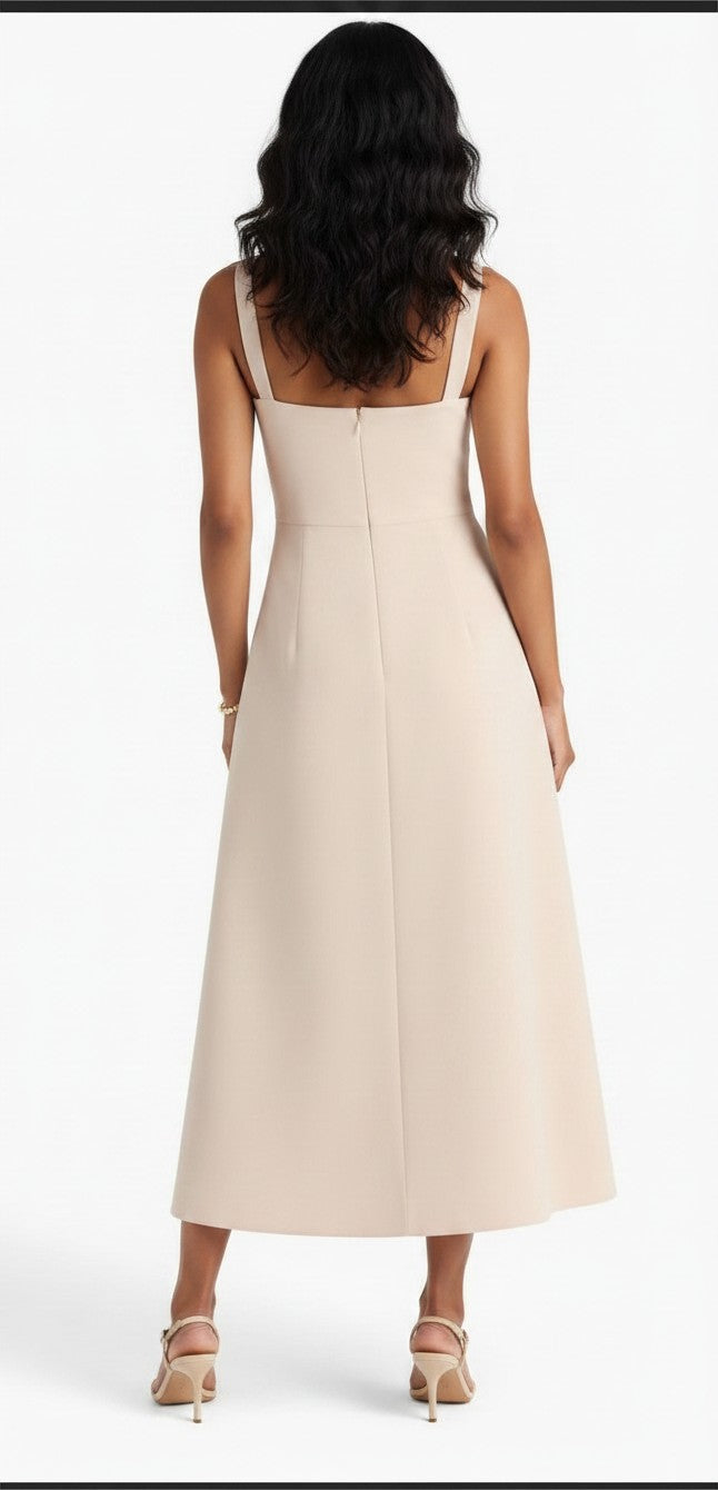 S T Y L E L I B R A R Y Leo Lin Odette midi dress in champagne satin with a sleeveless back view on a model