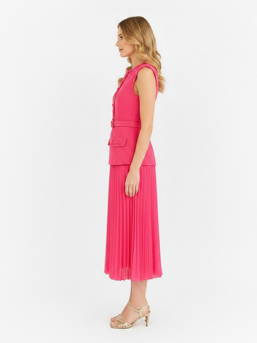 S T Y L E L I B R A R Y Rebecca Vallance pink boucle midi dress with high neck, belted waist, and pleated skirt