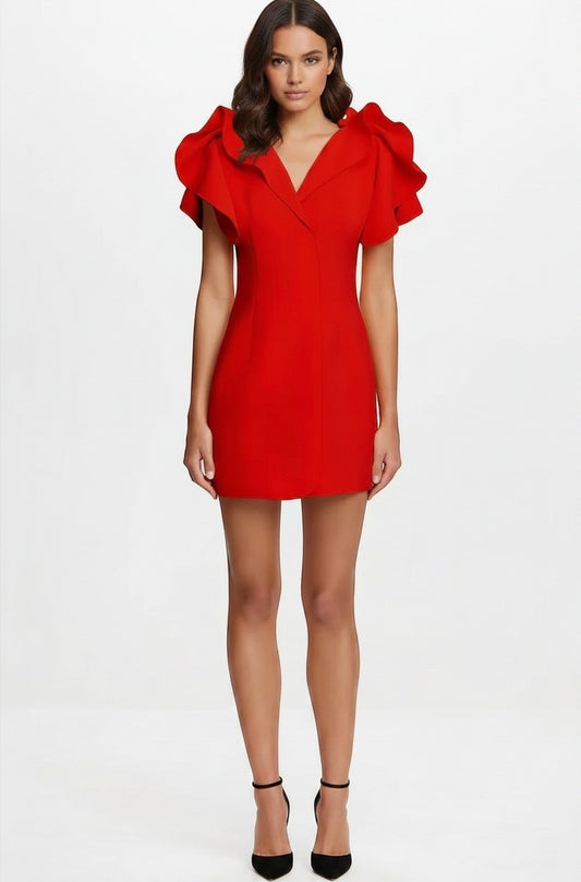 Model wearing a red Acler mini dress with dramatic ruffled sleeves from S T Y L E L I B R A R Y